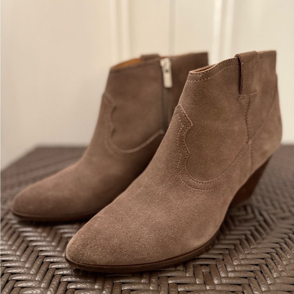 Frye Reina Ankle western Bootie Boots Ash Tan Brown Heels Pointed Toe Zipper 9M